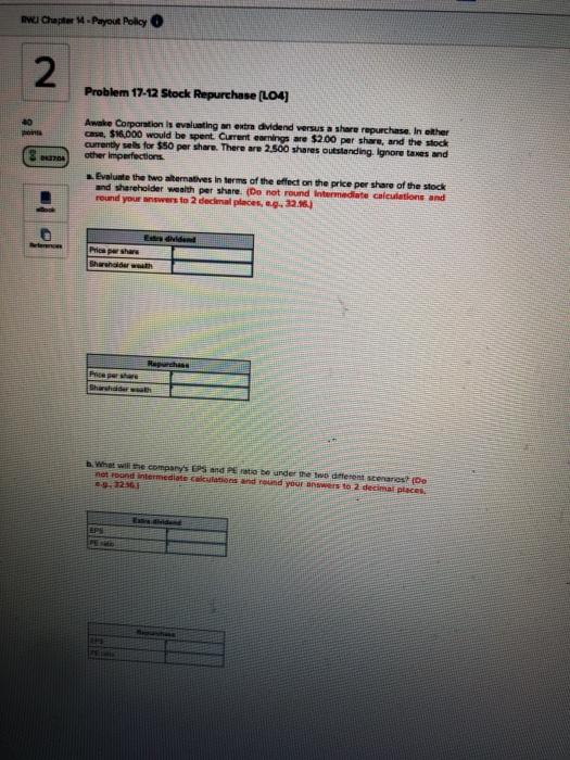  Rw Chapter 1 - Payout Policy 2 Problem 17-12 Stock Repurchase
