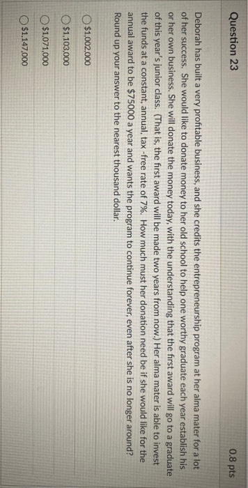  Question 23 0.8 pts Deborah has built a very profitable business,