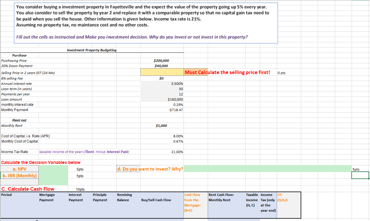 Please answer in excel format! You consider buying a investment property in