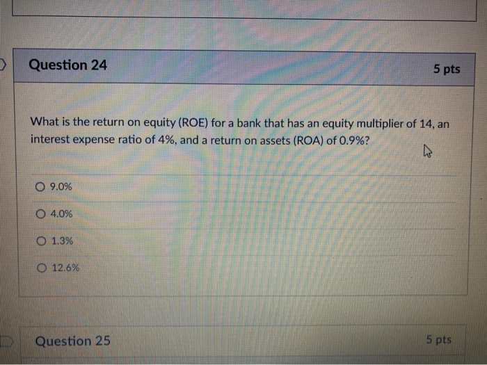  > Question 24 5 pts What is the return on equity