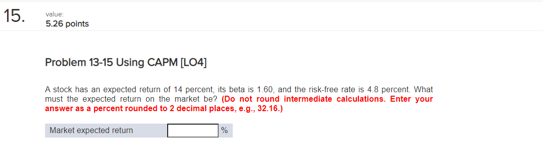  15. value: 5.26 points Problem 13-15 Using CAPM [LO4] A stock