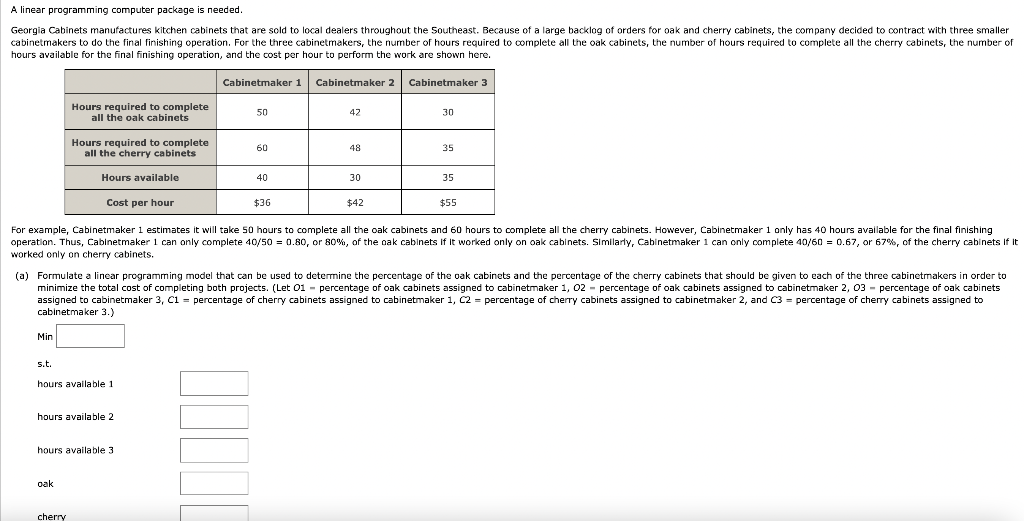  A linear programming computer package is needed. Georgia Cabinets manufactures kitchen