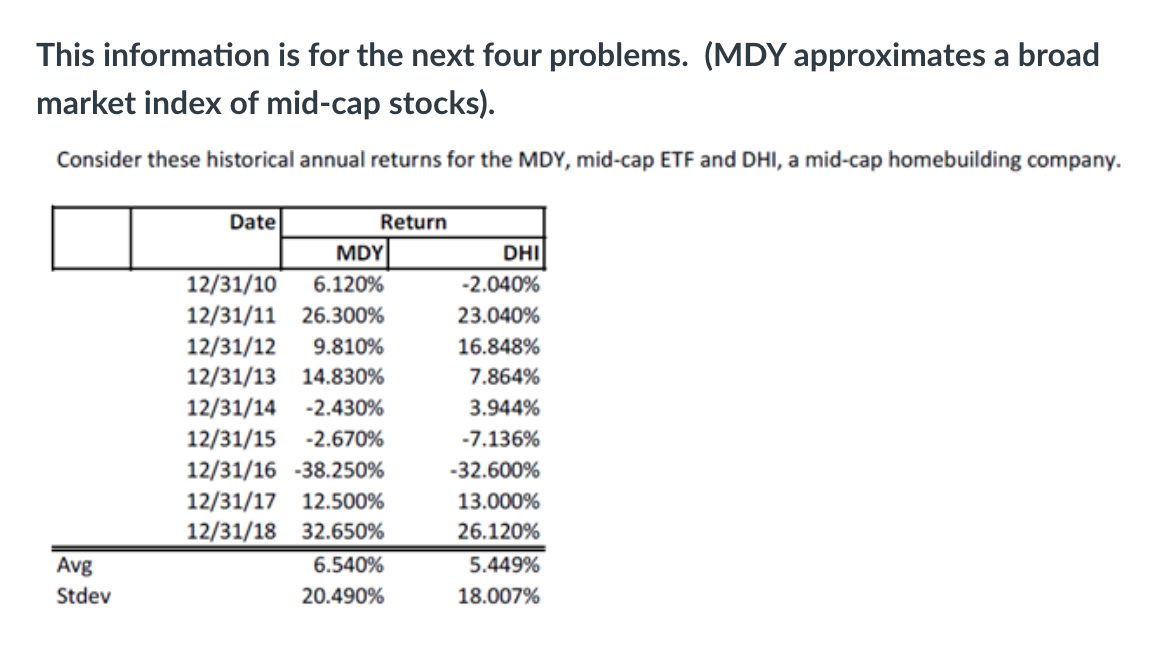  This information is for the next four problems. (MDY approximates a