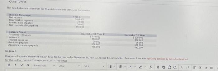  QUESTION 19 The data below are taken from the financial statements