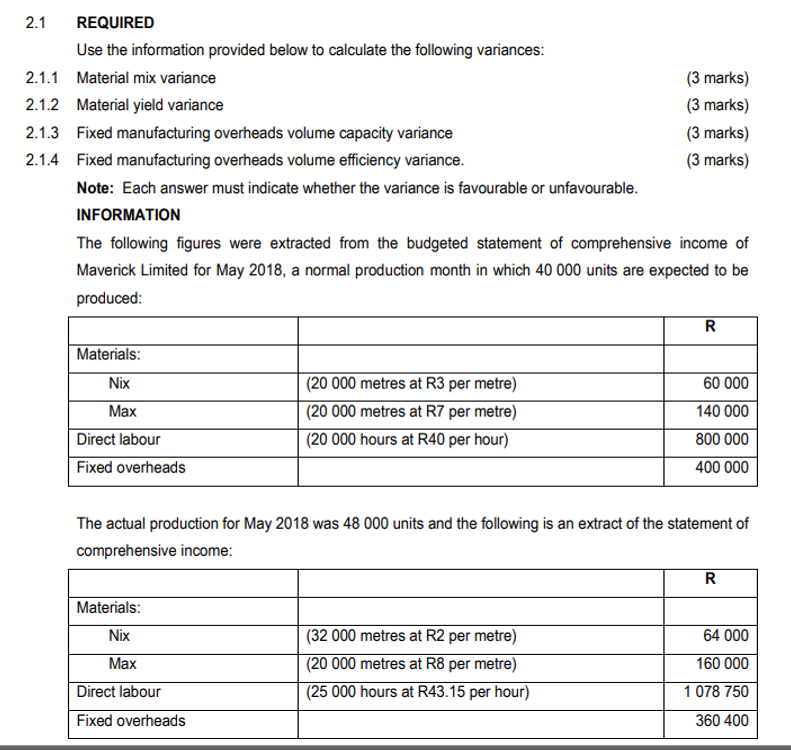  2.1 REQUIRED Use the information provided below to calculate the following