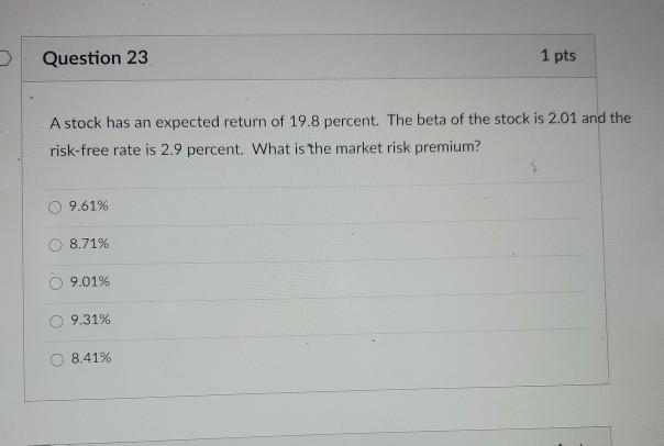 Question 23 1 pts A stock has an expected return of