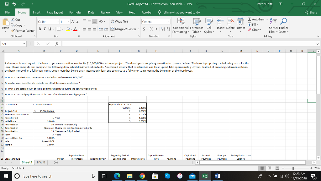  Excel Project #4 - Construction Loan Table - Excel Trevor Holtz