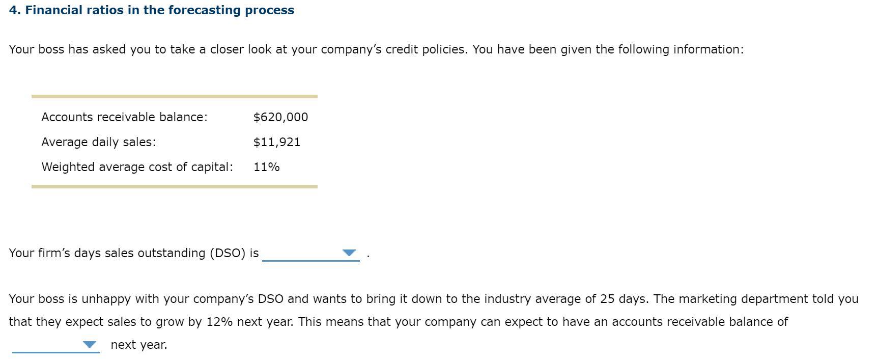  4. Financial ratios in the forecasting process Your boss has asked
