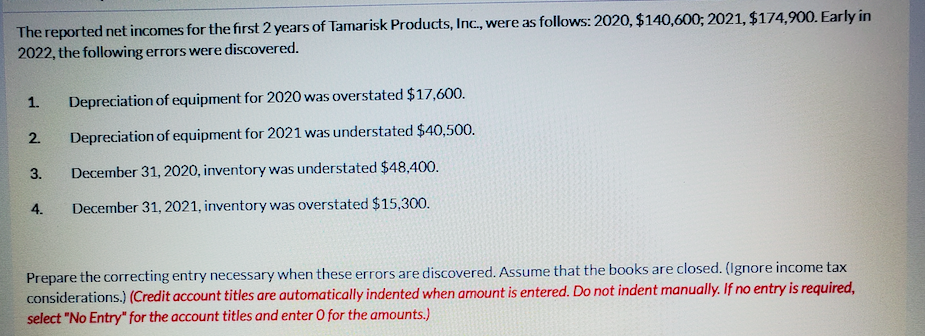 4. The reported net incomes for the first 2 years of Tamarisk