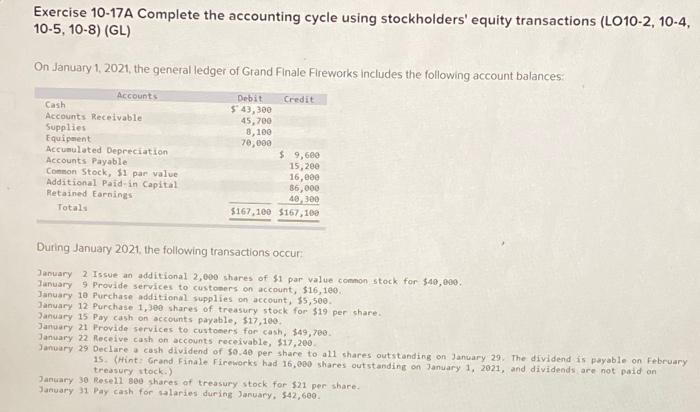  Exercise 10-17A Complete the accounting cycle using stockholders' equity transactions (L010-2,