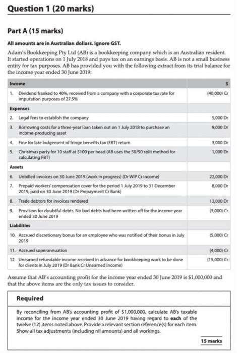 B (5 marks) All amounts are in Australian dollars. Ignore GST. Drinkwater