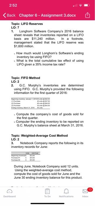  2:52 1. Back Chapter 6 - Assignment 3.docx Topic: LIFO Reserves