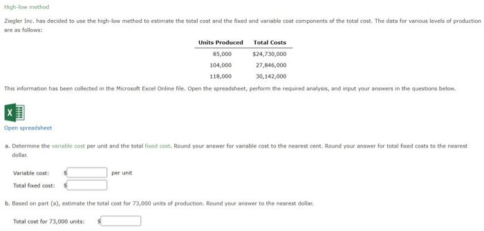  find the answer High-low method Ziegler Inc. has decided to use