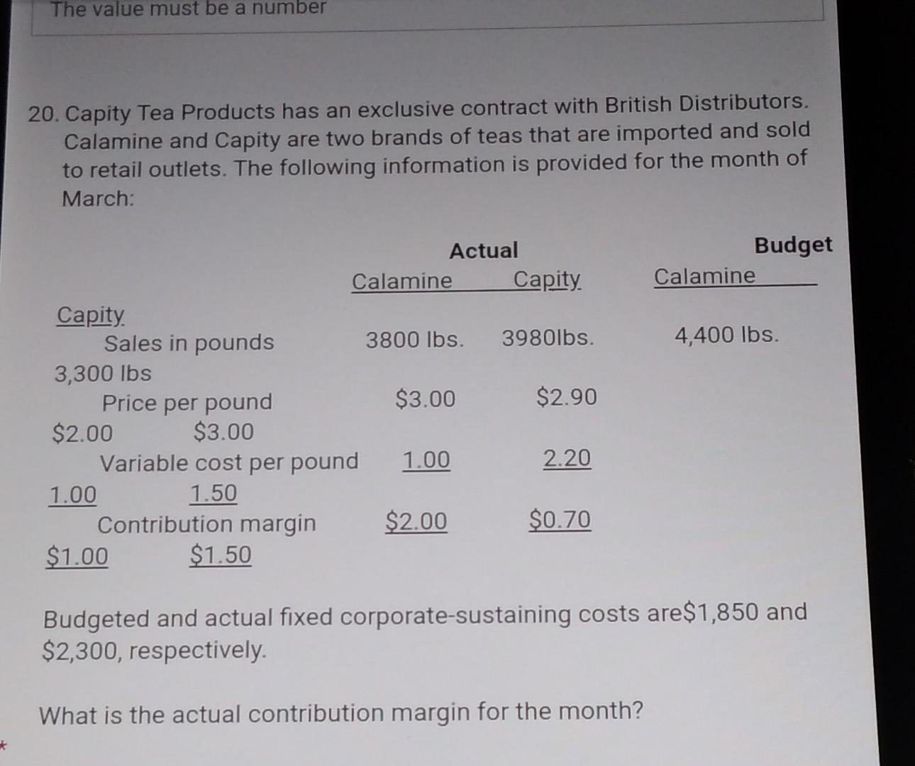 The value must be a number 20. Capity Tea Products has