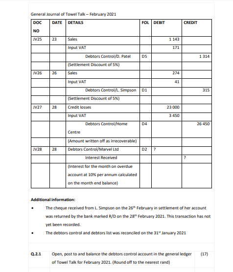 Talk as at 31 January 2021: Debtor Fol Amount L Simpson D1