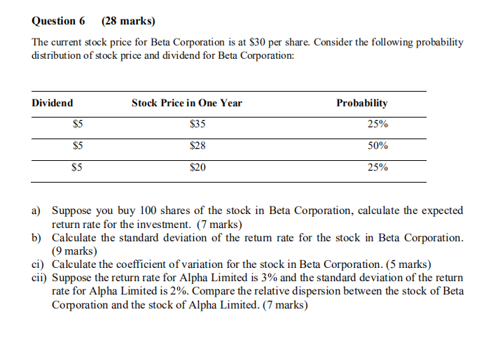 Question 6 (28 marks) The current stock price for Beta Corporation
