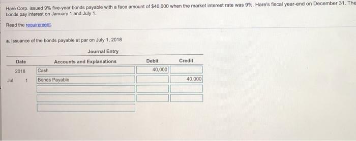  Hare Corp. issued 9% five-year bonds payable with a face amount