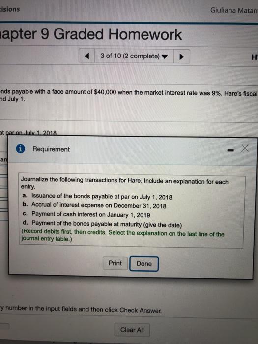 of $40,000 when the market interest rate was 9%. Hare's fiscal year-end