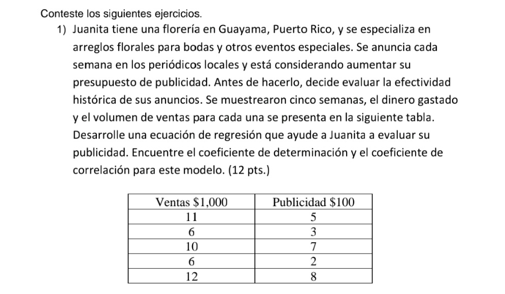 Conteste los siguientes ejercicios. 1) Juanita tiene una floreria en Guayama, Puerto