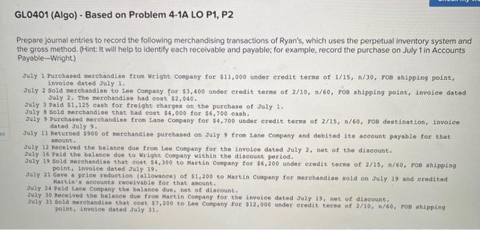  GL0401 (Algo) - Based on Problem 4-1A LO P1, P2 Prepare