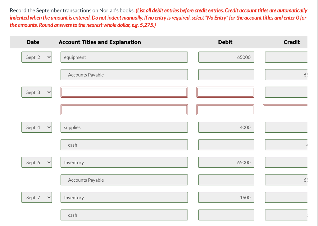 Presented here are selected transactions for Norlan Inc. during September of the