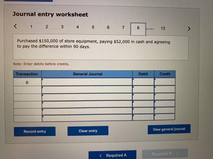 year. g. Purchased $150,000 of store equipment, paying $52,000 in cash and