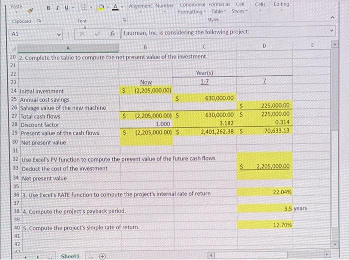 project. The Contioller has asked you to compute vanous capital budgeting methods