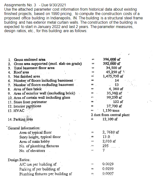 Assignments No. 3 - Due 9/30/2021 Use the attached parameter cost