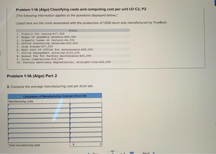  Problem 1-1A (Algo) Classifying costs and computing cost per unit LO