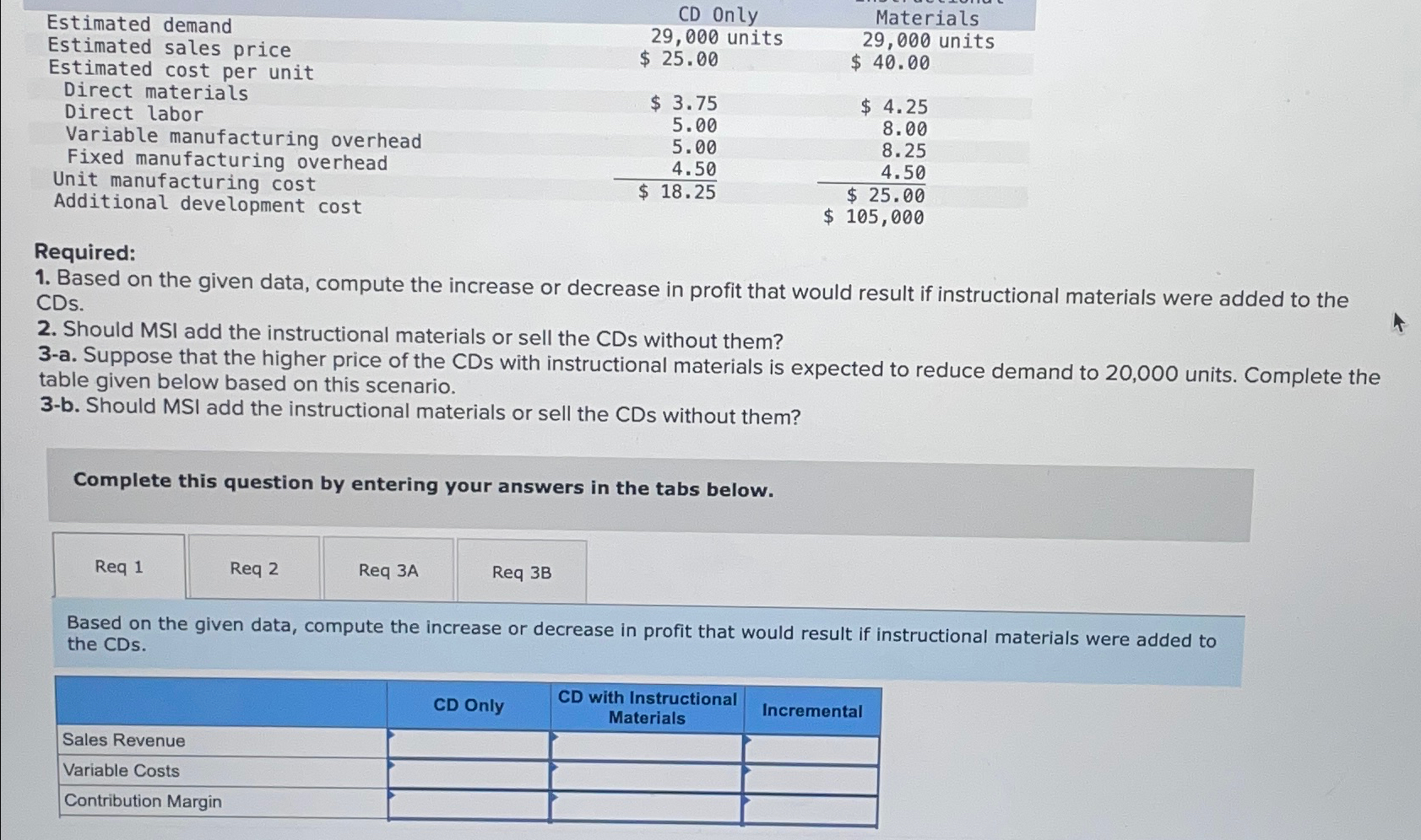  \table[[Estimated demand,CD Only,Materials],[Estimated sales price,29,000 units,29,000 units],[Estimated cost per unit,$25.00,$40.00 