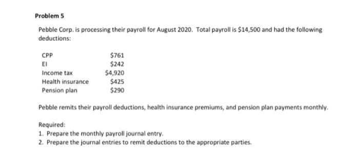  Problems Pebble Corp. is processing their payroll for August 2020. Total