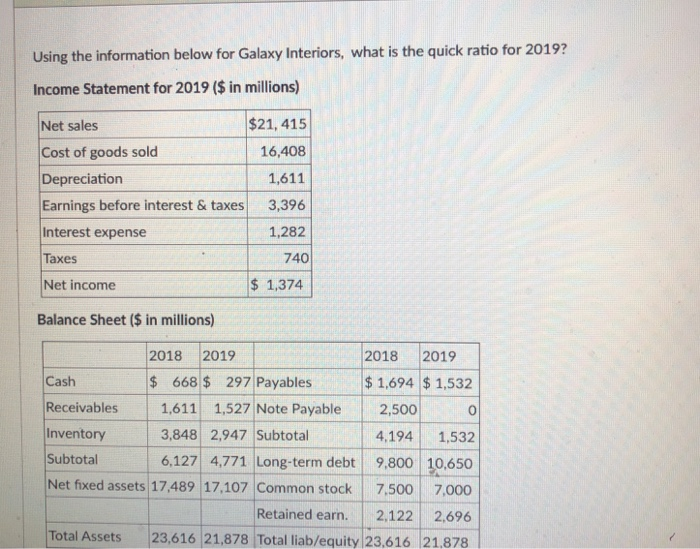  Using the information below for Galaxy Interiors, what is the quick