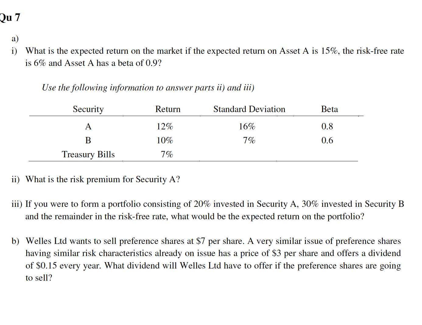 Qu 7 a) i) What is the expected return on the