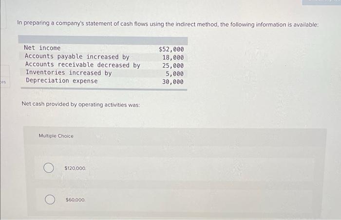  In preparing a company's statement of cash flows using the indirect