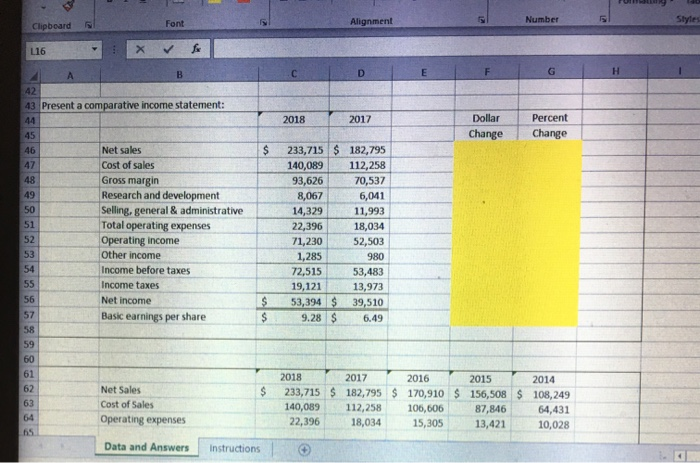 Present a comparative balance sheet 2018 2017 Dollar Change Percent Change Assets