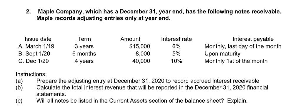  2. Maple Company, which has a December 31, year end, has