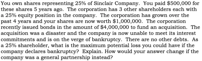  Question 2 Question 3 Question 4 You own shares representing 25%
