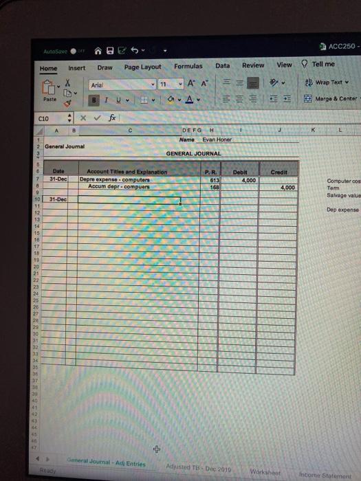 Excel file includes the unadjusted trial balance for 12/31/2019. The following additional