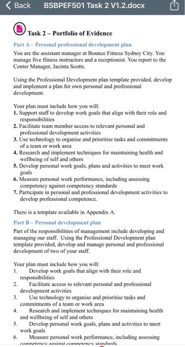 < Back BSBPEF501 Task 2 Vl.2.docx Task 2 Portfolio of Evidence Part
