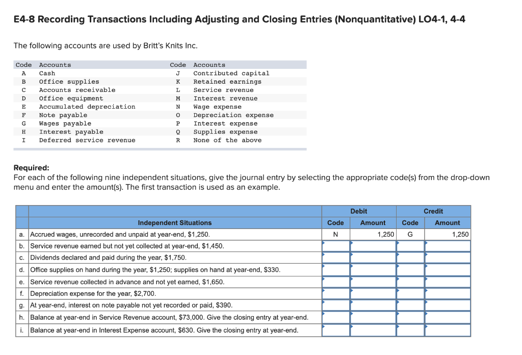 undefined E4-8 Recording Transactions Including Adjusting and Closing Entries (Nonquantitative) LO4-1, 4-4