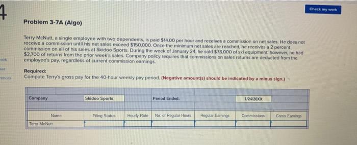  Check my work 1 Problem 3-7A (Algo) Terry McNutt a single