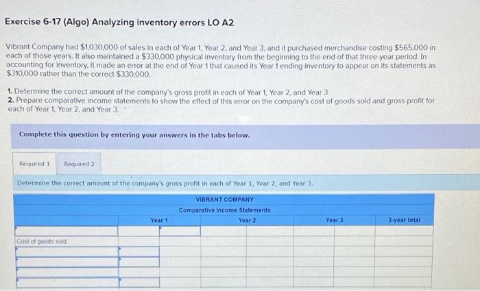  Exercise 6-17 (Algo) Analyzing inventory errors LO A2 Vibrant Company had