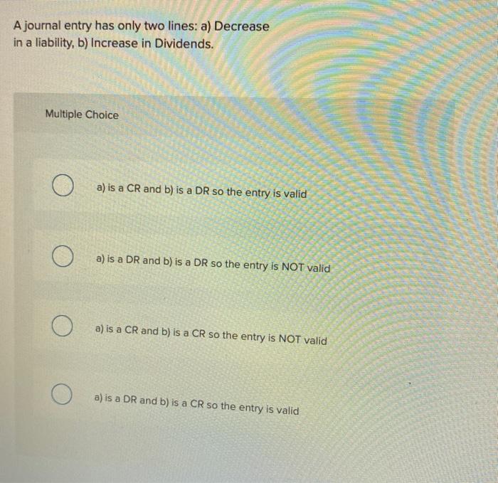 Equity, b) Decrease in an Expense. Multiple Choice a) is a CR