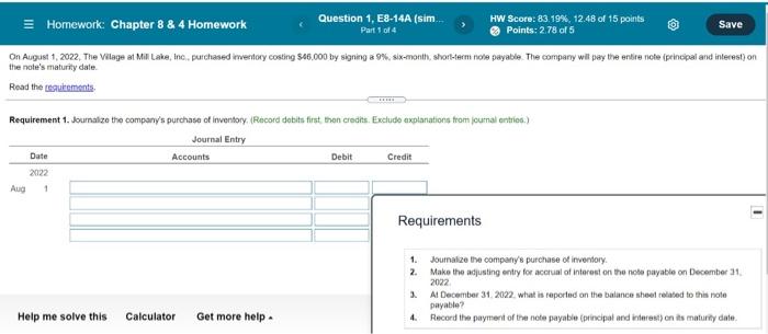  Save Homework: Chapter 8 & 4 Homework Question 1, E8-14A (sim.