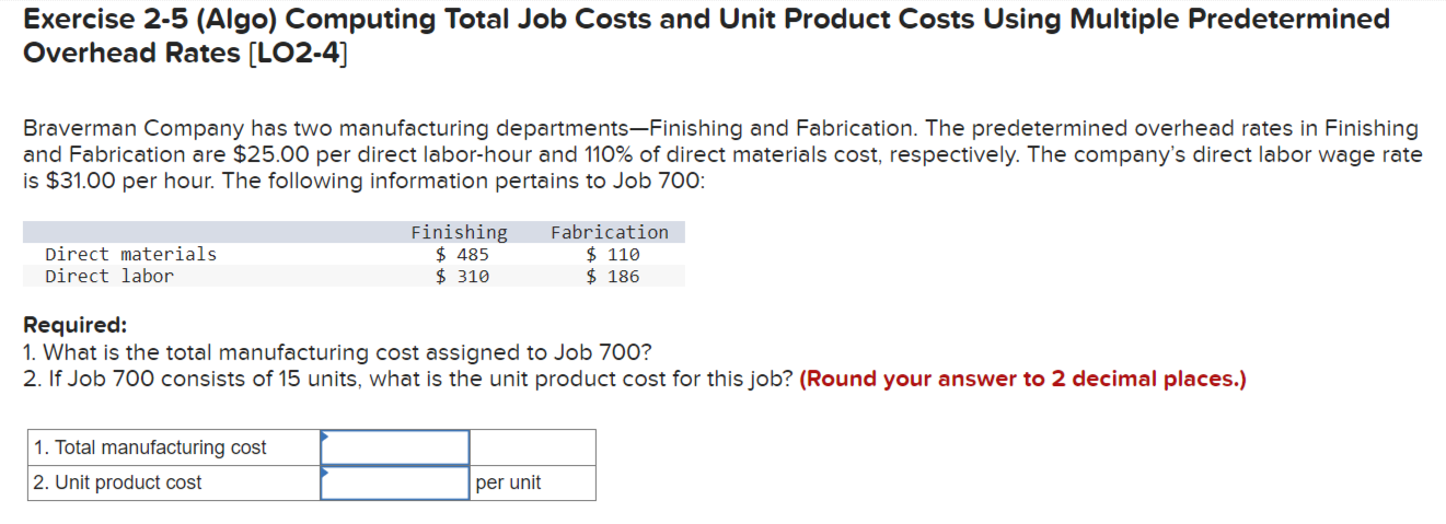 Exercise 2-5 (Algo) Computing Total Job Costs and Unit Product Costs
