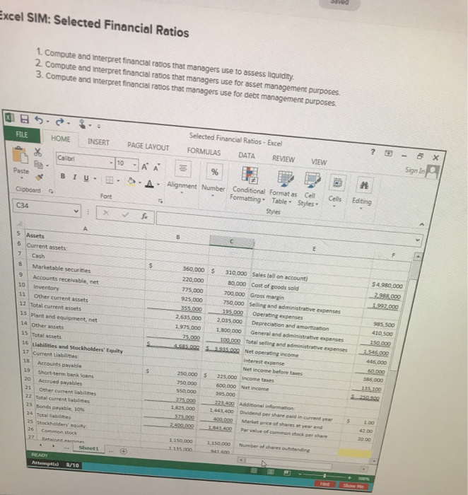  SOVO Excel SIM: Selected Financial Ratios 1. Compute and interpret financial