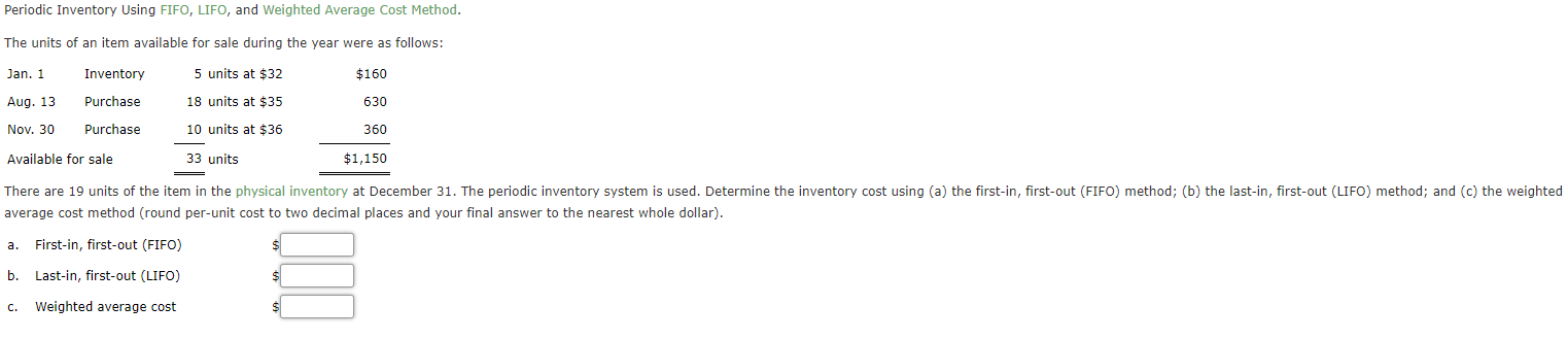 Periodic Inventory Using FIFO, LIFO, and weighted Average Cost Method. The