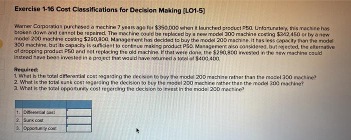  Exercise 1-16 Cost Classifications for Decision Making (L01-5) Warner Corporation purchased