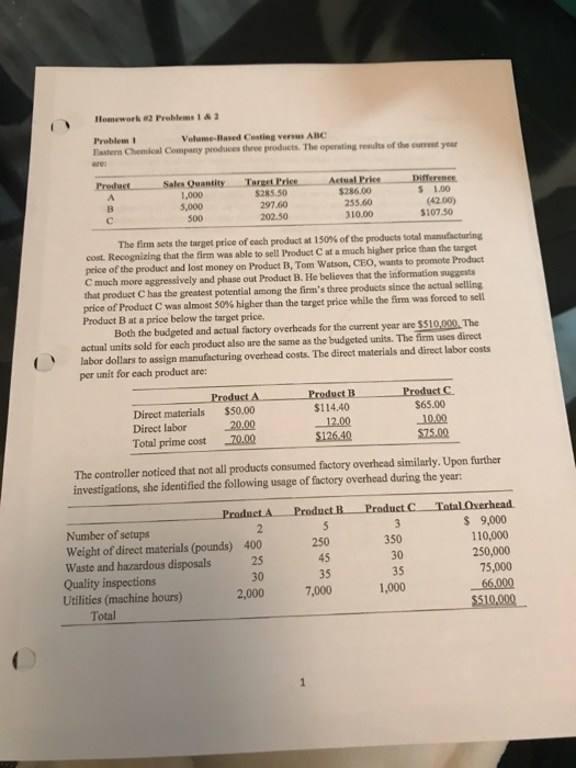  question #2 please Homework 2 Problems & 2 Problem Volume-Based Costing