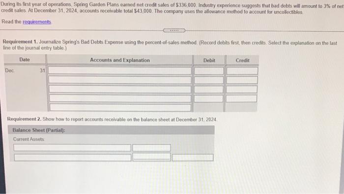  1. Journalize Spring's Bad Debts Expense using the percent-of-sales method 2.